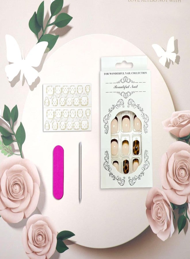 Vopintpy Tortoise Print French Tip Press on Nails Short Square Fake Nails with Design Glossy Acrylic Glue on Nail Reusable Full Cover Artificial Stick on Nail for Women DIY Manicure - Image 5